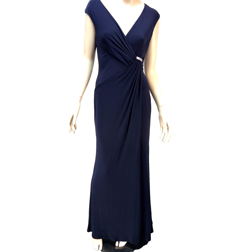 Ralph Lauren Navy Blue Jersey Long Surplice‎ Evening Gown Size 4 Embellished NWT